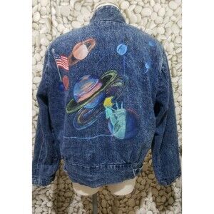 CODA Vintage 80s Flag Planets Stone Wash Button Denim Jean Jacket Size Medium